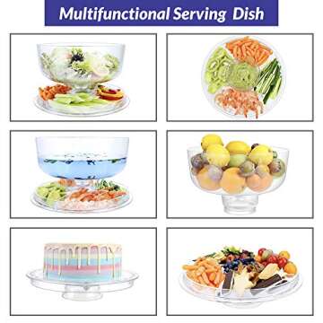 Valentines Day Gifts Cake Stand for Party Clear Acrylic 6-in-1 Sweet Dessert Cake Plate with 12”Dome Multi-Function Serving Platter, Salad & Punch Bowl Gift for Summer Party Outdoor Camping