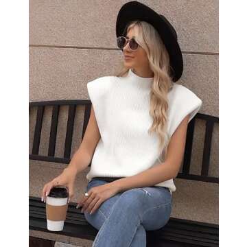 Himosyber Women's Solid Sleeveless Vest Elegant High Neck Stretchable Cap Sleeve Knit Sweater Tops (White-Large)
