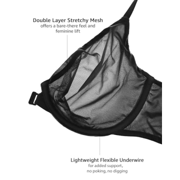 INLYRIC Women's Mesh Front Closure Bras Unlined Sheer Demi Plunge Supportive Comfortable Seamless Underwire Bra Black - Sheer 32B
