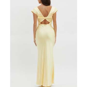 Halfisland Womens Summer Satin V Neck Cap Sleeve Backless Maxi Dress Elegant Twist Cut Out Midi Dresses Wedding Guest Yellow