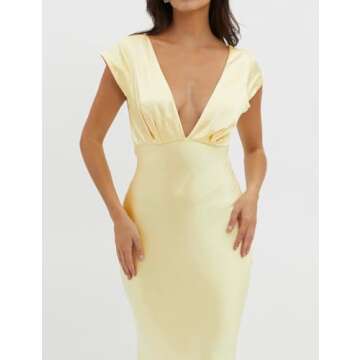 Halfisland Womens Summer Satin V Neck Cap Sleeve Backless Maxi Dress Elegant Twist Cut Out Midi Dresses Wedding Guest Yellow