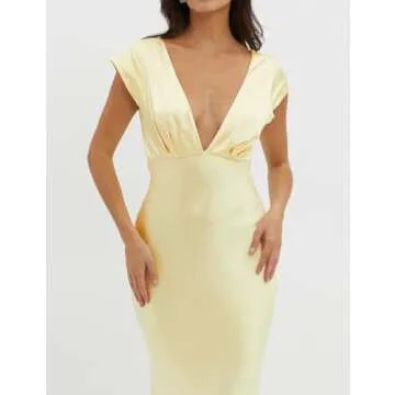 Halfisland Womens Summer Satin V Neck Cap Sleeve Backless Maxi Dress Elegant Twist Cut Out Midi Dresses Wedding Guest Yellow