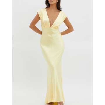 Halfisland Womens Summer Satin V Neck Cap Sleeve Backless Maxi Dress Elegant Twist Cut Out Midi Dresses Wedding Guest Yellow