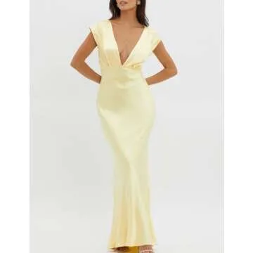 Halfisland Womens Summer Satin V Neck Cap Sleeve Backless Maxi Dress Elegant Twist Cut Out Midi Dresses Wedding Guest Yellow