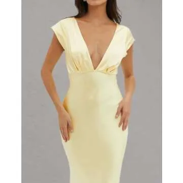 Halfisland Womens Summer Satin V Neck Cap Sleeve Backless Maxi Dress Elegant Twist Cut Out Midi Dresses Wedding Guest Yellow