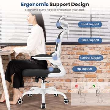 Razzor Office Desk Chair, Ergonomic High Back Mesh Office Chair with Lumbar Support and Adjustable Headrest, Swivel Computer Task Chair with Flip-up Arms, Executive Chairs for Home and Work (White)