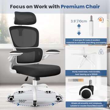 Razzor Office Desk Chair, Ergonomic High Back Mesh Office Chair with Lumbar Support and Adjustable Headrest, Swivel Computer Task Chair with Flip-up Arms, Executive Chairs for Home and Work (White)