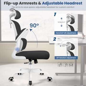 Razzor Office Desk Chair, Ergonomic High Back Mesh Office Chair with Lumbar Support and Adjustable Headrest, Swivel Computer Task Chair with Flip-up Arms, Executive Chairs for Home and Work (White)