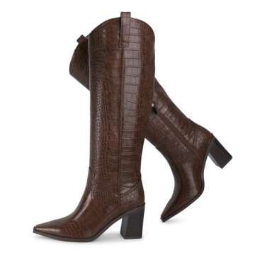 ISNOM Cowboy Boots for Women Cowgirl Boots Women Crocodile Boots for Women Western Boots for Women Knee High Boots Women Pointed Toe Chunky Boots for Women Wide Calf Boots Side Zipper Leather Boots