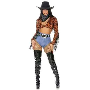Forplay Women's Tiger Animal Print Cowgirl Costume 4-Piece Halloween Outfit with Top, Panty, Belt and Bandana, Orange, XS/S