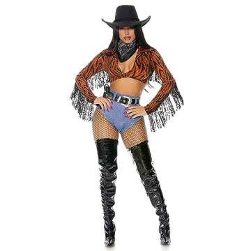 Forplay Women's Tiger Animal Print Cowgirl Costume 4-Piece Halloween Outfit with Top, Panty, Belt and Bandana, Orange, XS/S