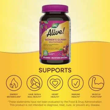 Nature's Way Alive! Women’s Gummy Multivitamin, 16 Vitamins & Minerals, Energy Metabolism*, Hair Skin & Nails*, Vegetarian, Mixed Berry Flavored, 60 Gummies (Packaging May Vary)