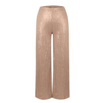 Generic High Waisted Pants for Women Wide Leg Pant Glitter Sequin Loose Long Pants Bling Party Clubwear Elastic Casual Pants with Pocket Tummy Control Lounge Trousers(A-Champagne,X-Large)