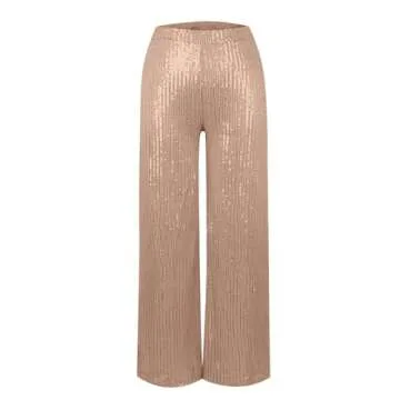 Generic High Waisted Pants for Women Wide Leg Pant Glitter Sequin Loose Long Pants Bling Party Clubwear Elastic Casual Pants with Pocket Tummy Control Lounge Trousers(A-Champagne,X-Large)