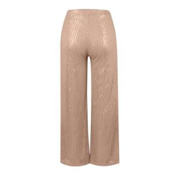 Generic High Waisted Pants for Women Wide Leg Pant Glitter Sequin Loose Long Pants Bling Party Clubwear Elastic Casual Pants with Pocket Tummy Control Lounge Trousers(A-Champagne,X-Large)