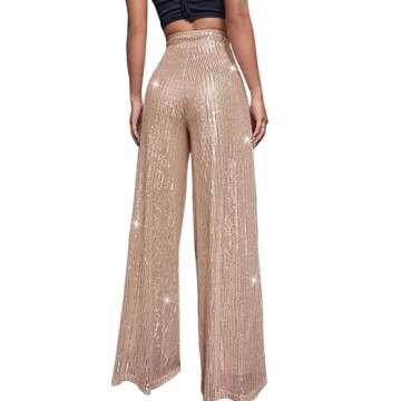 Generic High Waisted Pants for Women Wide Leg Pant Glitter Sequin Loose Long Pants Bling Party Clubwear Elastic Casual Pants with Pocket Tummy Control Lounge Trousers(A-Champagne,X-Large)