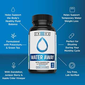 Zhou Water Away Herbal Formula for Healthy Fluid Balance | with Dandelion, Potassium, Green Tea & More | 60 Capsules