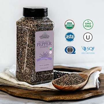 HQOExpress Organic Coarse Ground Black Pepper - Restaurant Style for Cooking - USDA Certified Organi...