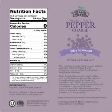 HQOExpress Organic Coarse Ground Black Pepper - Restaurant Style for Cooking - USDA Certified Organic - Non-GMO - Sustainably Grown - 16 oz. Chef Jar