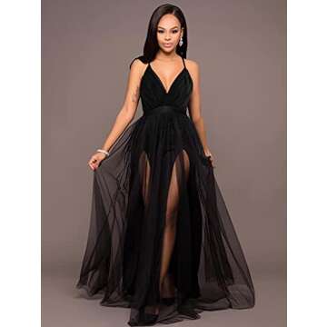 XXTAXN Women's Sexy Deep V Neck Split Cocktail Party Formal Bridesmaid Maxi Dress Black