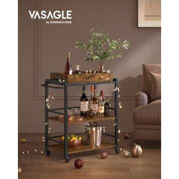 VASAGLE Kitchen Serving Cart with Removable Tray, 3-Tier Kitchen Utility Cart on Wheels with Storage...