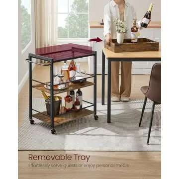 VASAGLE Kitchen Serving Cart with Removable Tray, 3-Tier Kitchen Utility Cart on Wheels with Storage, with Brakes, Leveling Feet, 15.7 x 28.3 x 33.9 Inches, Rustic Brown and Black ULRC72X