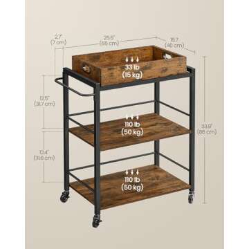 VASAGLE Kitchen Serving Cart with Removable Tray, 3-Tier Kitchen Utility Cart on Wheels with Storage, with Brakes, Leveling Feet, 15.7 x 28.3 x 33.9 Inches, Rustic Brown and Black ULRC72X