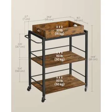 VASAGLE Kitchen Serving Cart with Removable Tray, 3-Tier Kitchen Utility Cart on Wheels with Storage, with Brakes, Leveling Feet, 15.7 x 28.3 x 33.9 Inches, Rustic Brown and Black ULRC72X