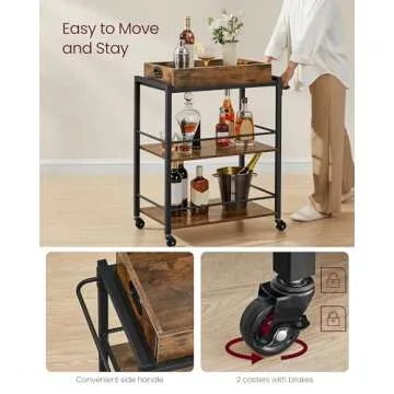 VASAGLE Kitchen Serving Cart with Removable Tray, 3-Tier Kitchen Utility Cart on Wheels with Storage, with Brakes, Leveling Feet, 15.7 x 28.3 x 33.9 Inches, Rustic Brown and Black ULRC72X