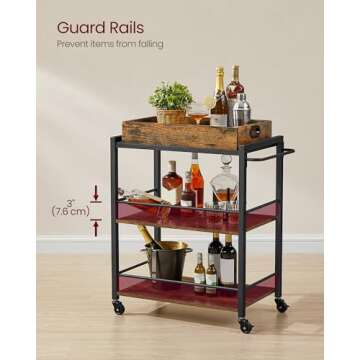 VASAGLE Kitchen Serving Cart with Removable Tray, 3-Tier Kitchen Utility Cart on Wheels with Storage, with Brakes, Leveling Feet, 15.7 x 28.3 x 33.9 Inches, Rustic Brown and Black ULRC72X