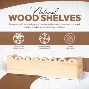 HILDZ Nursery Floating Shelves for Wall for Books, Toys and Decorations – Natural Solid Wood Wall ...