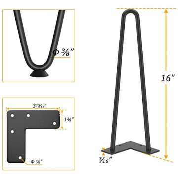 Genius Iron Hairpin Table Legs 16 inch, 3/8" Solid Metal Steel Firm Welding Home DIY for Coffee Tabl...