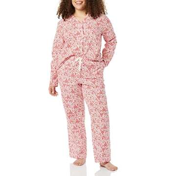 Amazon Essentials Women's Flannel Long-Sleeve Button Front Shirt and Pant Pajama Set, Red White Forest, Large