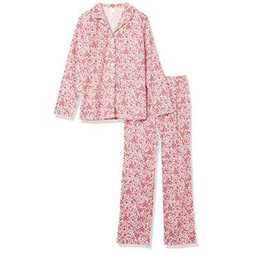 Amazon Essentials Women's Flannel Long-Sleeve Button Front Shirt and Pant Pajama Set, Red White Forest, Large