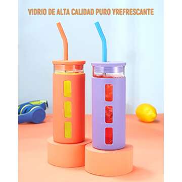 tronco Glass Tumbler with Silicone Lid and Straw,20OZ Reusable Iced Coffee Cup,Smoothie Cups,Glass Travel Water Bottle,See Through Silicone Sleeve With Measurement,Dishwasfer Safe,Spill Proof