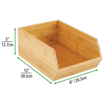 mDesign Bamboo Stackable Food Storage Organization Bin Basket - Wide Open Front for Kitchen Cabinets, Pantry, Offices, Closets, Holds Snacks, Dry Goods, Packets, Spices, Teas - 4 Pack - Natural Wood