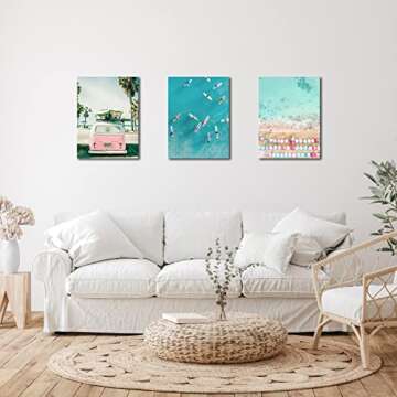 Beach Coastal Wall Art for Bathroom Ocean Pictures Seaside Palm Canvas Print Seascape Painting Pink ...