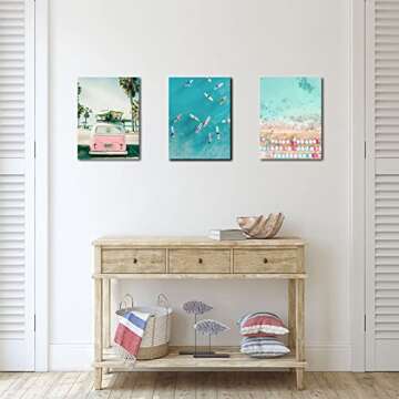 Beach Coastal Wall Art for Bathroom Ocean Pictures Seaside Palm Canvas Print Seascape Painting Pink Car with Surfboard Artwork for Modern Coastal Themed Lake Home Bedroom Decor Unframed