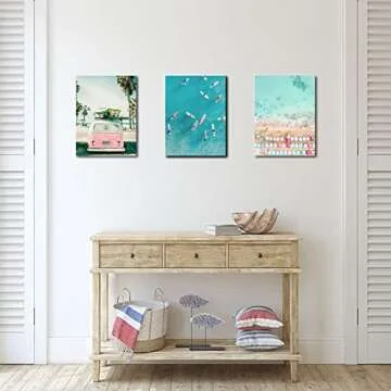 Beach Coastal Wall Art for Bathroom Ocean Pictures Seaside Palm Canvas Print Seascape Painting Pink Car with Surfboard Artwork for Modern Coastal Themed Lake Home Bedroom Decor Unframed