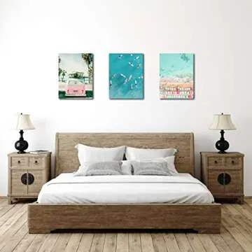 Beach Coastal Wall Art for Bathroom Ocean Pictures Seaside Palm Canvas Print Seascape Painting Pink Car with Surfboard Artwork for Modern Coastal Themed Lake Home Bedroom Decor Unframed