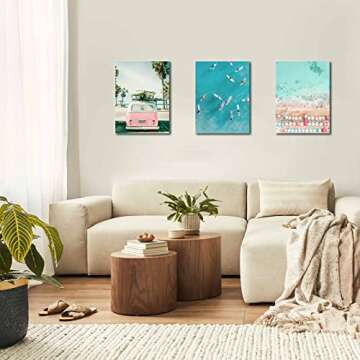 Beach Coastal Wall Art for Bathroom Ocean Pictures Seaside Palm Canvas Print Seascape Painting Pink Car with Surfboard Artwork for Modern Coastal Themed Lake Home Bedroom Decor Unframed