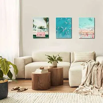Beach Coastal Wall Art for Bathroom Ocean Pictures Seaside Palm Canvas Print Seascape Painting Pink Car with Surfboard Artwork for Modern Coastal Themed Lake Home Bedroom Decor Unframed