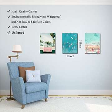 Beach Coastal Wall Art for Bathroom Ocean Pictures Seaside Palm Canvas Print Seascape Painting Pink Car with Surfboard Artwork for Modern Coastal Themed Lake Home Bedroom Decor Unframed