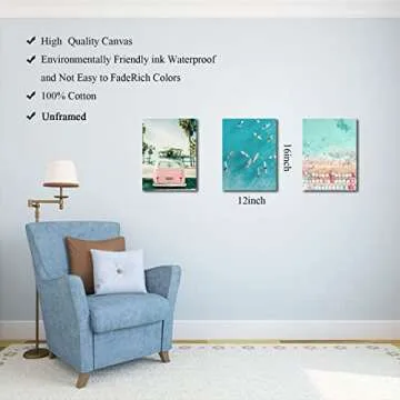 Beach Coastal Wall Art for Bathroom Ocean Pictures Seaside Palm Canvas Print Seascape Painting Pink Car with Surfboard Artwork for Modern Coastal Themed Lake Home Bedroom Decor Unframed