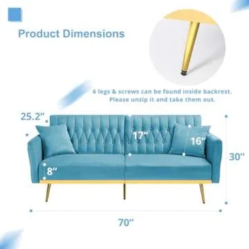 ACMEASE 70” Velvet Futon Sofa Bed with 2 Pillows and Adjustable Armrests, Convertible Sleeper Bed W/Adjustable Backrests, Modern Loveseat for Living Room, Bedroom, Baby Blue