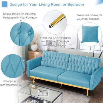 ACMEASE 70” Velvet Futon Sofa Bed with 2 Pillows and Adjustable Armrests, Convertible Sleeper Bed W/Adjustable Backrests, Modern Loveseat for Living Room, Bedroom, Baby Blue