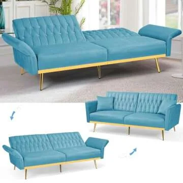 ACMEASE 70” Velvet Futon Sofa Bed with 2 Pillows and Adjustable Armrests, Convertible Sleeper Bed W/Adjustable Backrests, Modern Loveseat for Living Room, Bedroom, Baby Blue