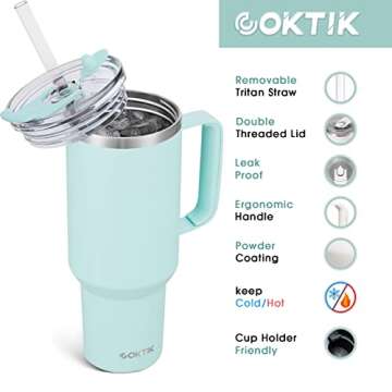 COKTIK 40 oz Tumbler With Handle and Straw Lid, Vacuum Insulated Travel Coffee Mug Stainless Steel I...