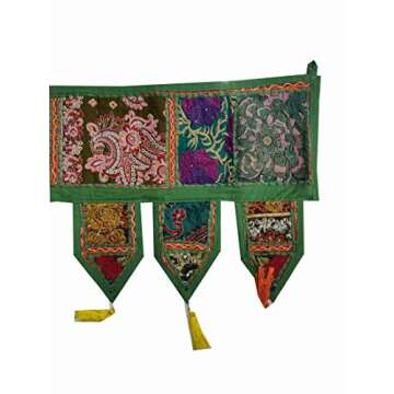 ICC valances for Windows Toran Cotton Vintage Patchwork Door Hanging Valance Window Hand Embroidered Bohemian Decor Living Room Wall Bedroom Home Handmade Decorations Dark Green 42 Inches