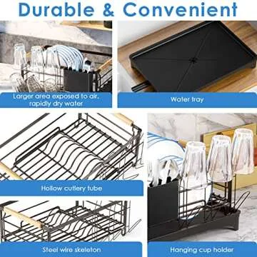 G-TING Dish Drying Rack, Dish Rack for Kitchen Counter, Rust-Proof Dish Drainer with Drying Board and Utensil Holder for Kitchen Counter Cabinet, 16.6” L× 12.6”W× 7.8”H, Bronze